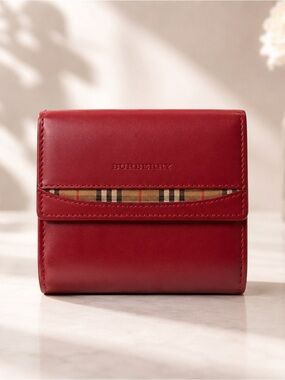 Burberry Red Leather Wallet Nova Check Plaid Compact Fold Wallet Vintage